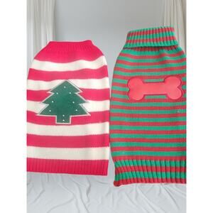 Two Dog Christmas Sweaters Green Red and Red White Strip Knit Size S See‎ notes